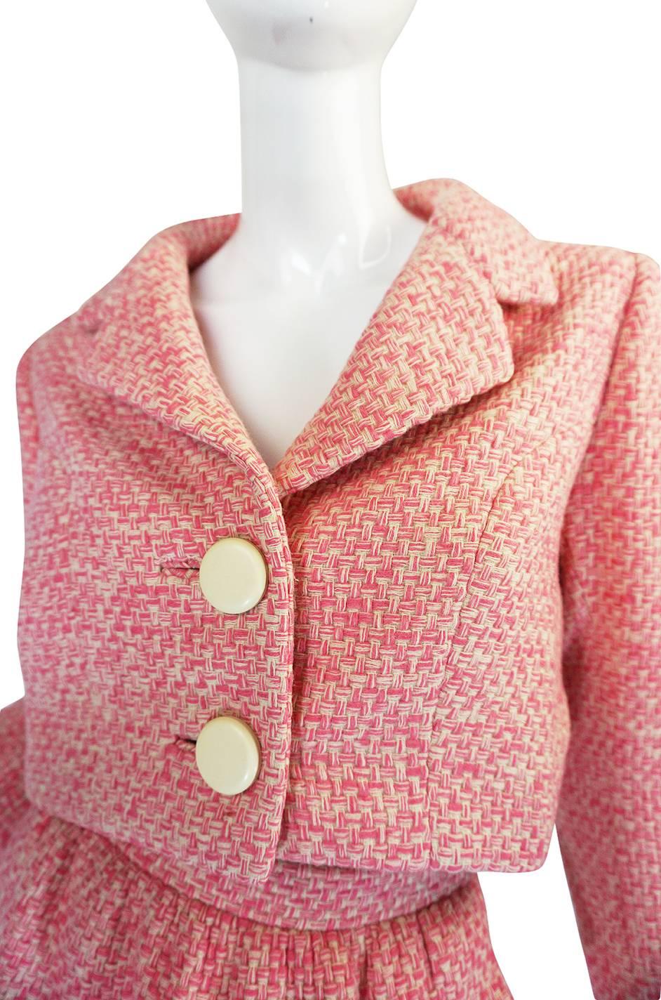 c1963-65 Norman Norell Pink Boucle Cropped Jacket Suit 2