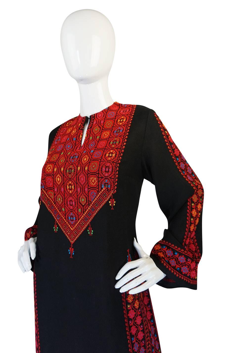 1960s Bright Rudy Thread Hand Embroidered Black Caftan 1