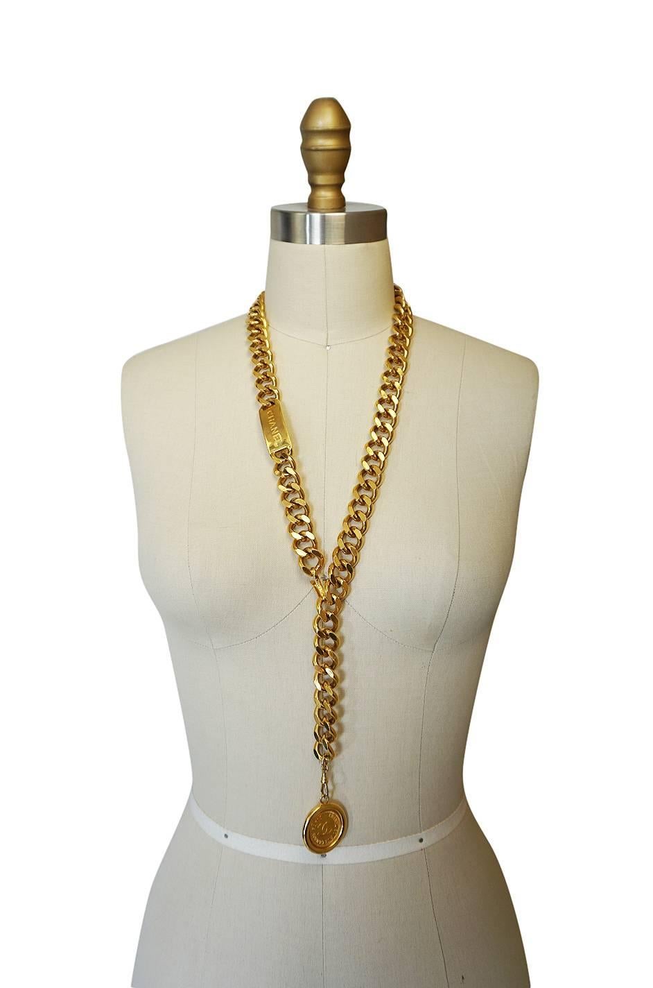 Women's 1990s Chanel Gold Tone Logo ID Belt or Necklace