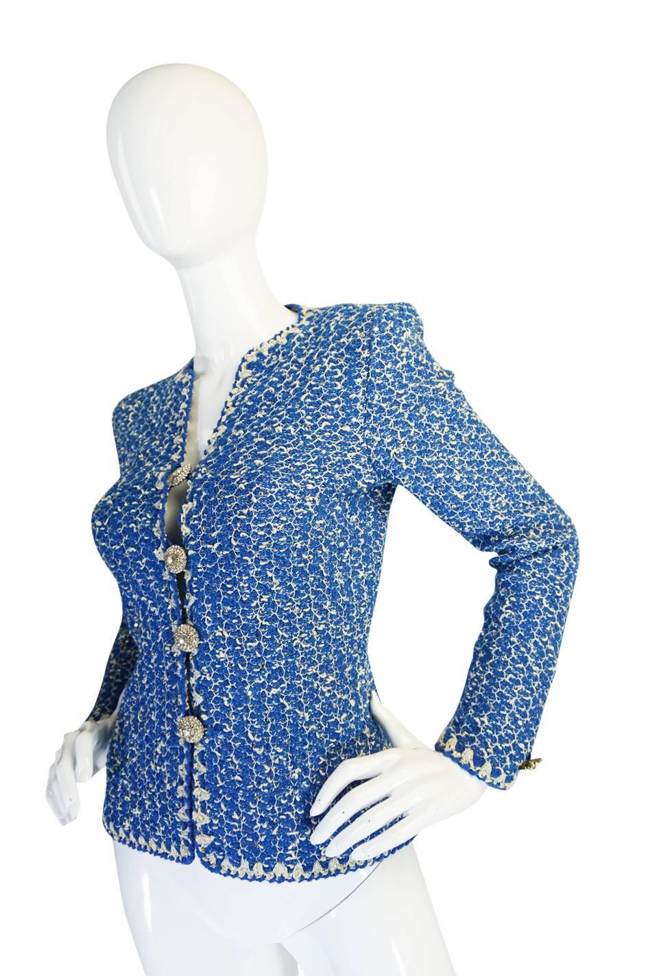 Beautiful 1960s Blue and Silver Knit Adolfo Knit Jacket In Excellent Condition In Rockwood, ON