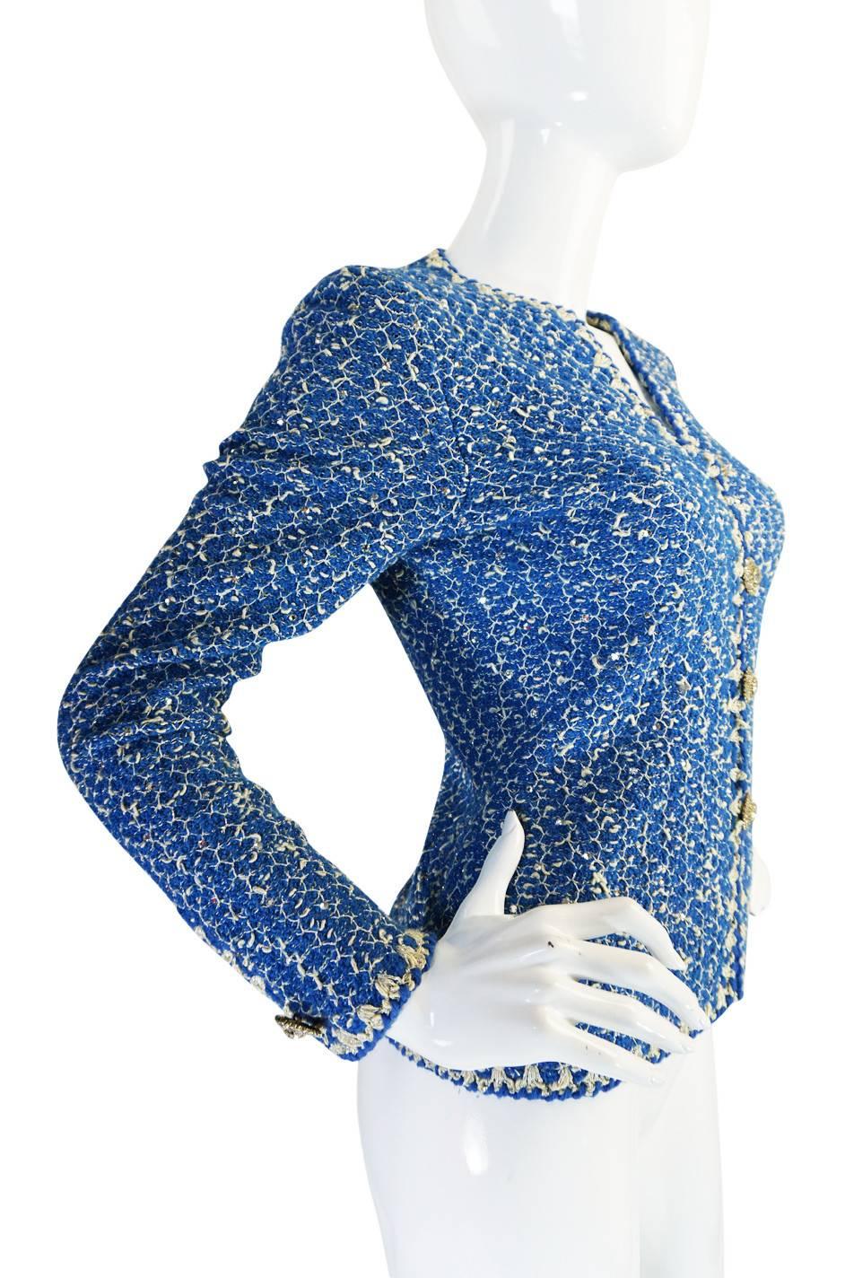 Women's Beautiful 1960s Blue and Silver Knit Adolfo Knit Jacket