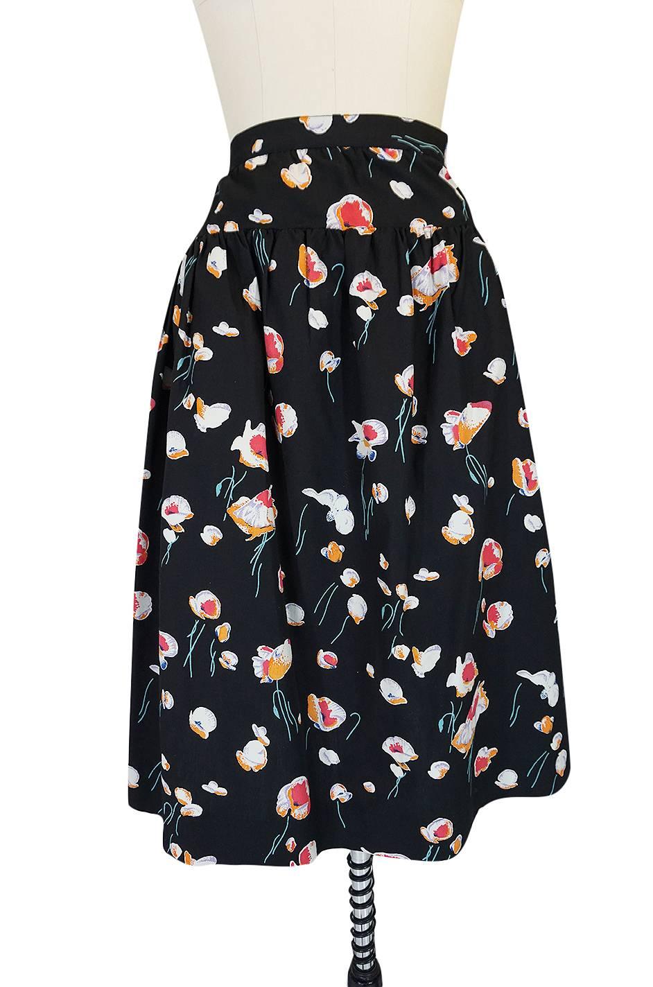 Black 1970s Yves Saint Laurent Floral Printed Full Cotton Skirt