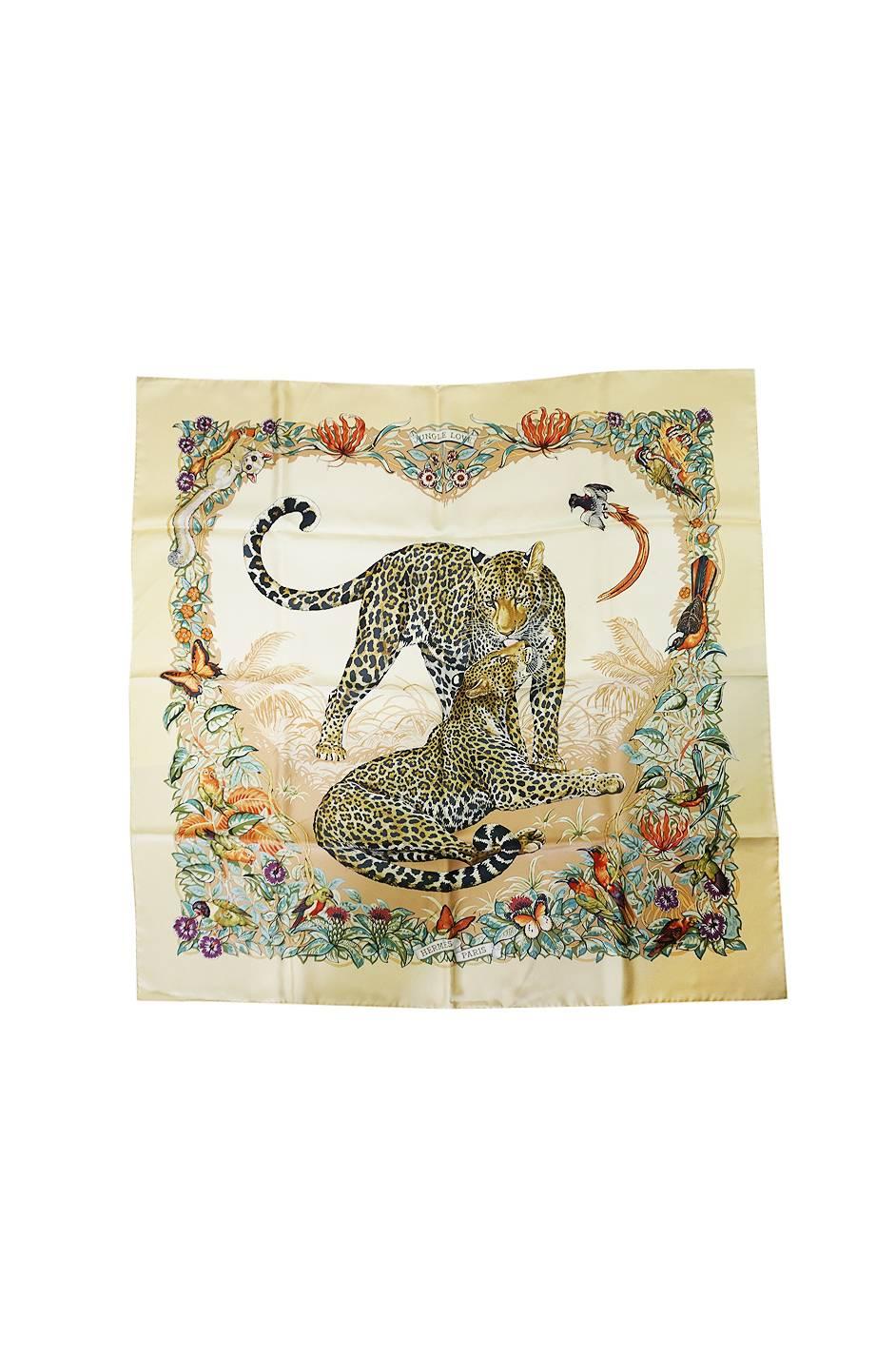 

Handrolled silk Hermes scarf with a beautiful print. I believe this colorway was issued in 2000. It is still available in boutiques now but no longer in this color. From the Hermes website on this pattern:

A naturalist working for the
