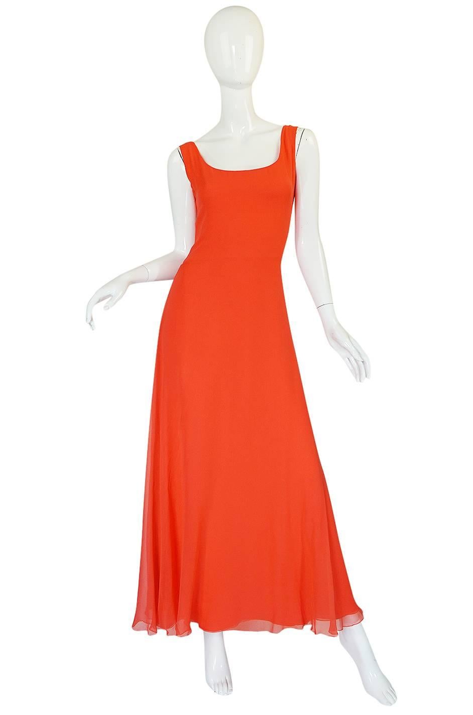 Rare 1970s Coral Silk Chiffon Stavropoulos Dress & Capelet In Excellent Condition In Rockwood, ON