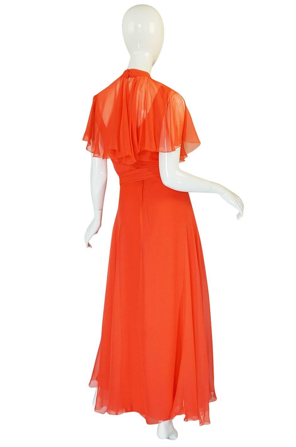 Red Rare 1970s Coral Silk Chiffon Stavropoulos Dress & Capelet