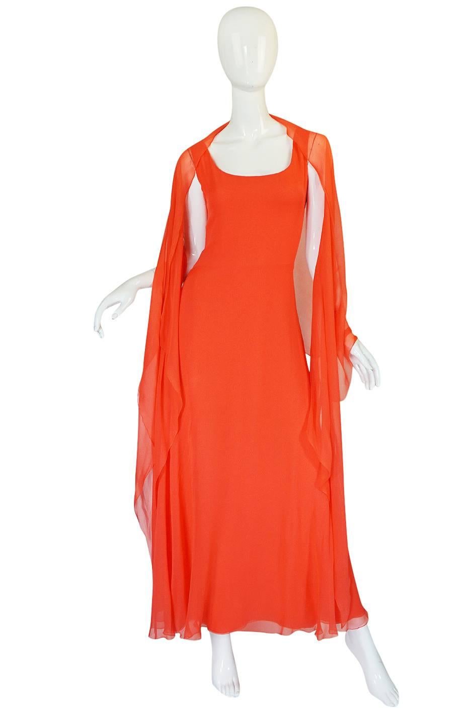 Rare 1970s Coral Silk Chiffon Stavropoulos Dress & Capelet 1