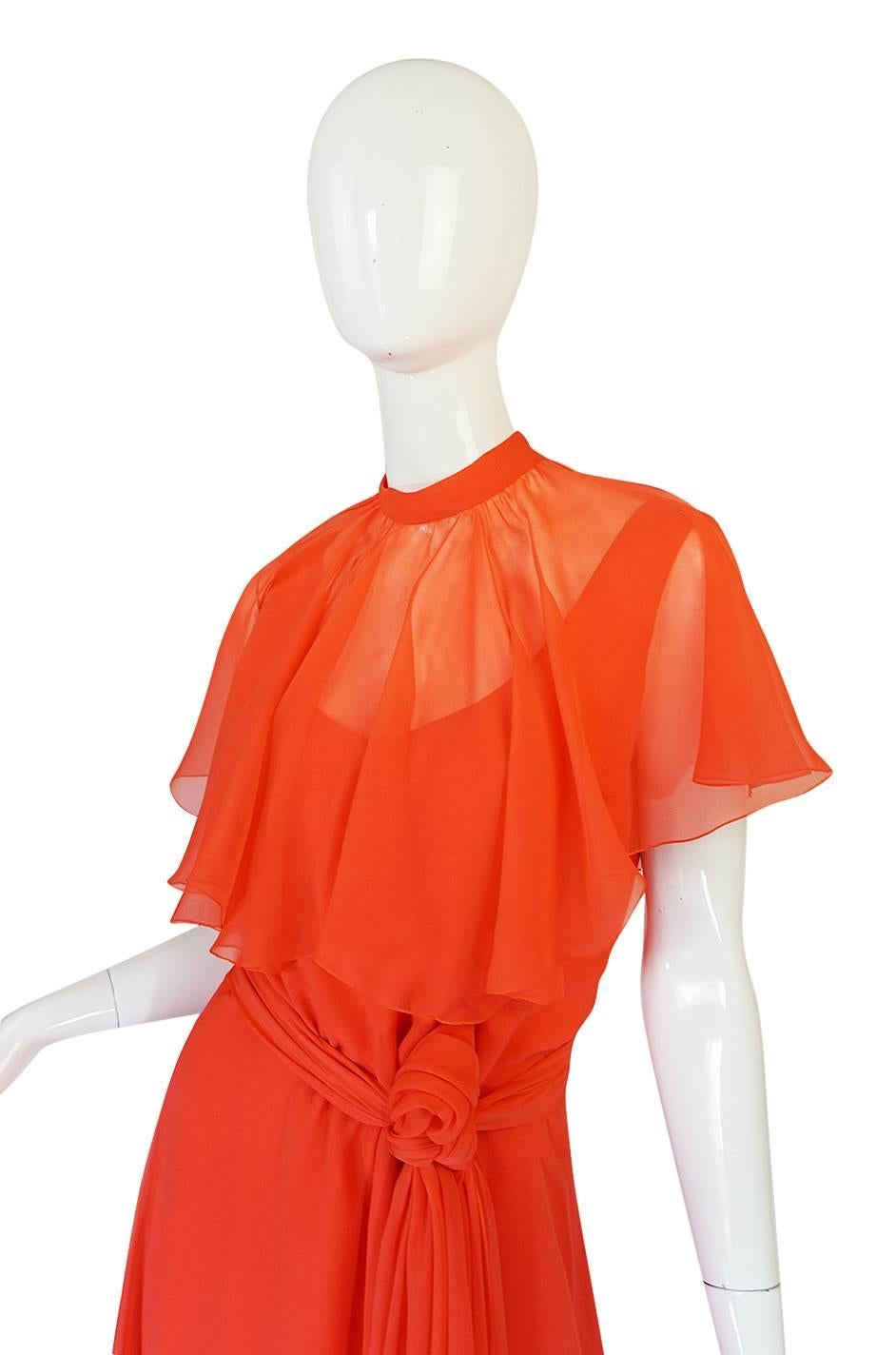 Rare 1970s Coral Silk Chiffon Stavropoulos Dress & Capelet 2