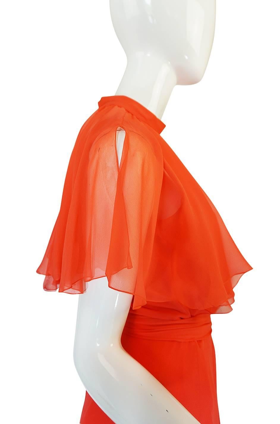 Rare 1970s Coral Silk Chiffon Stavropoulos Dress & Capelet 3