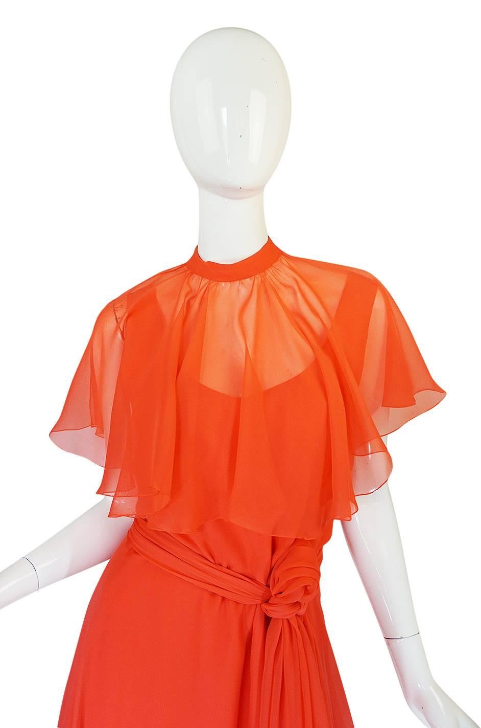 Rare 1970s Coral Silk Chiffon Stavropoulos Dress & Capelet 4