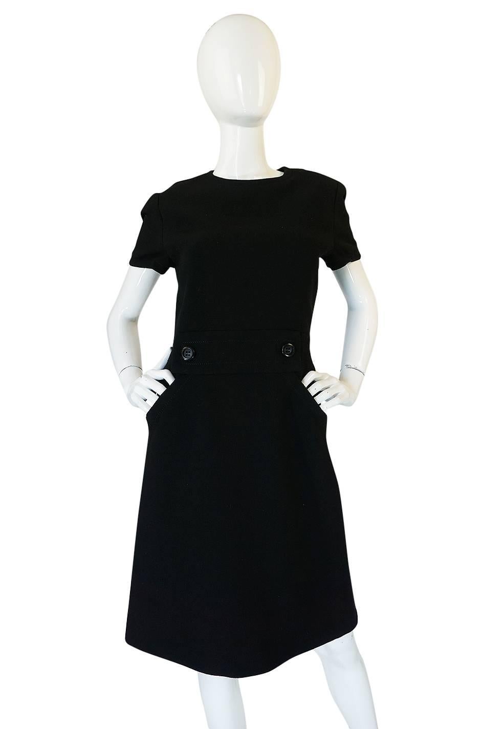 Women's 1960s Demi-Couture Level Black Wool Crepe Shift Dress
