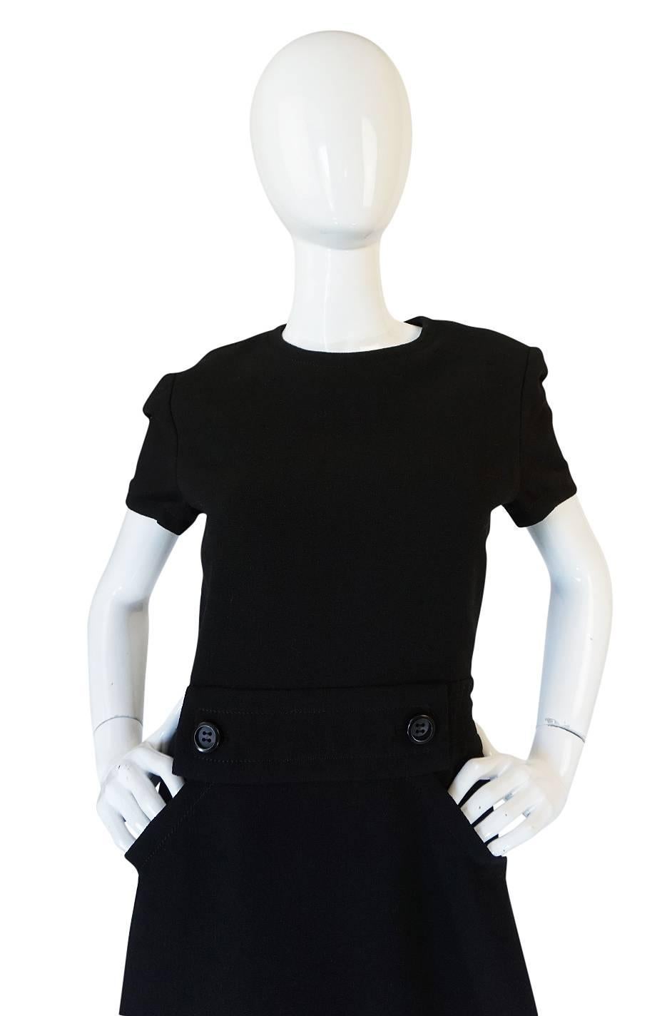 1960s Demi-Couture Level Black Wool Crepe Shift Dress 1