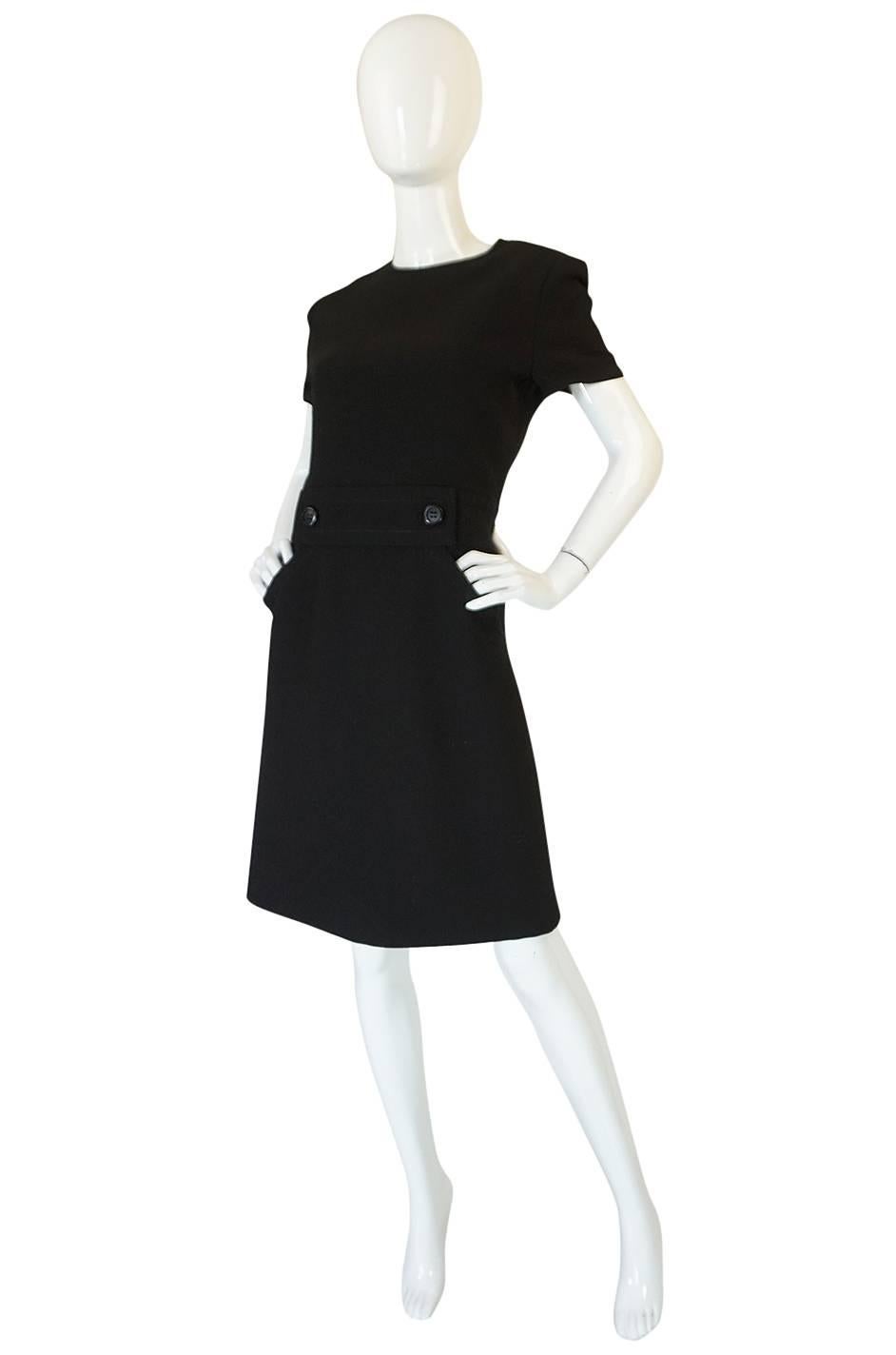 1960s Demi-Couture Level Black Wool Crepe Shift Dress In Excellent Condition In Rockwood, ON