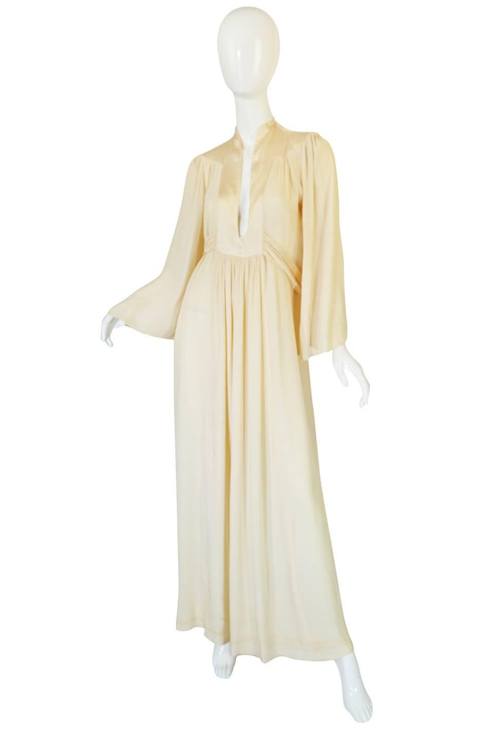 Beige Rare 1960s Ossie Clark Cream Fortuny Pleat Plunge Dress