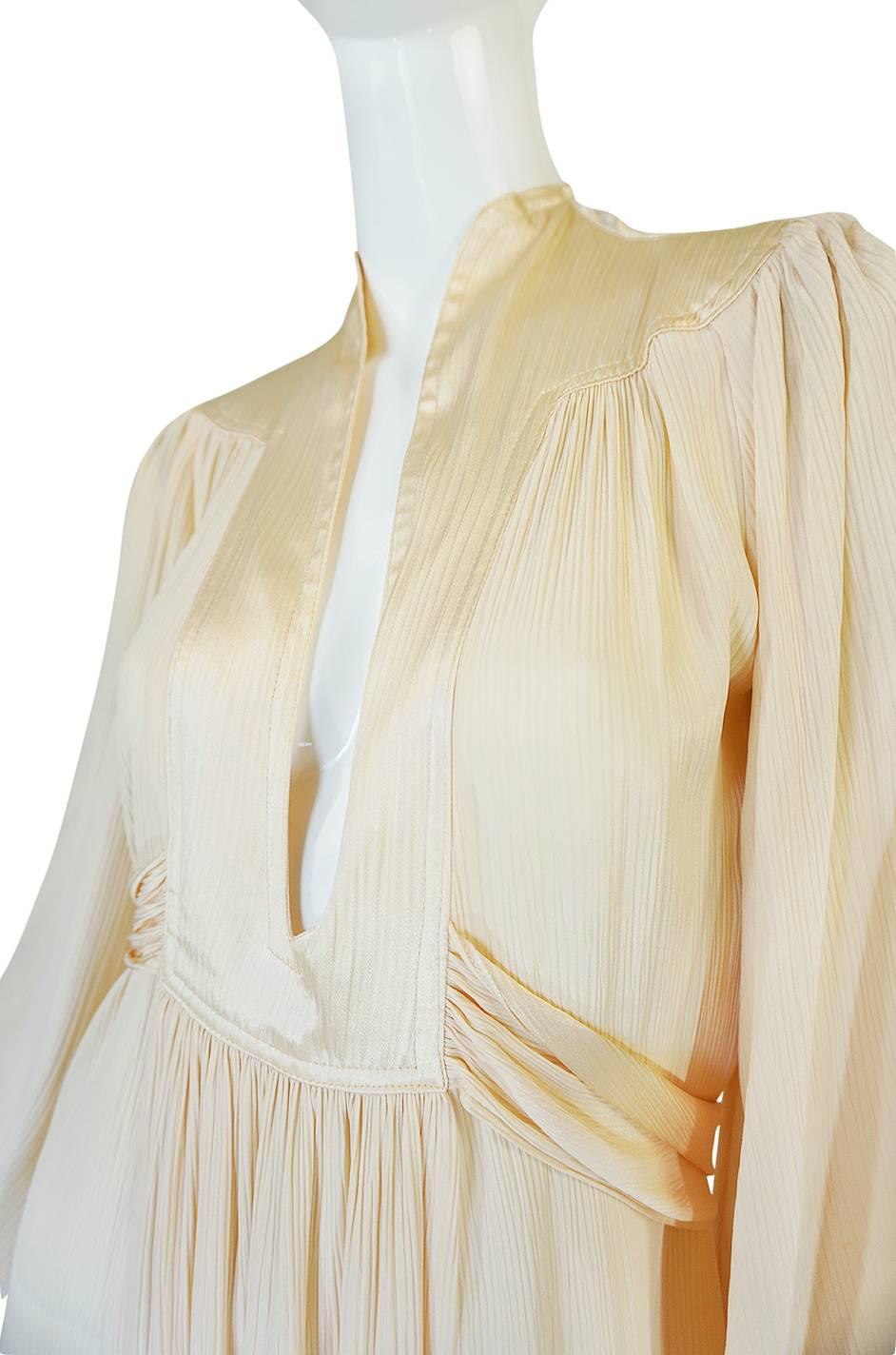 Rare 1960s Ossie Clark Cream Fortuny Pleat Plunge Dress 3