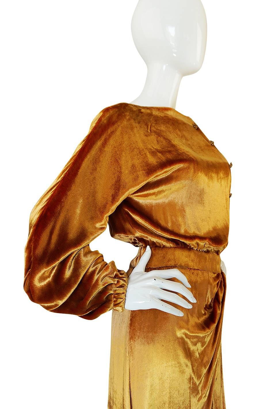 1930s Jean Patou Couture Golden Silk Velvet Wrap Gown 1