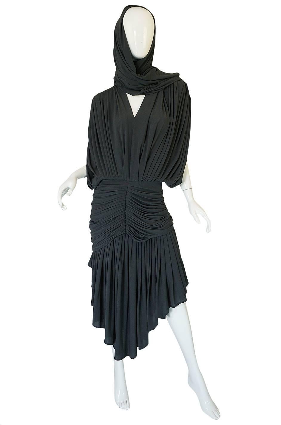 Black 1980s Gray Norma Kamali Jersey Dress & Shawl Set