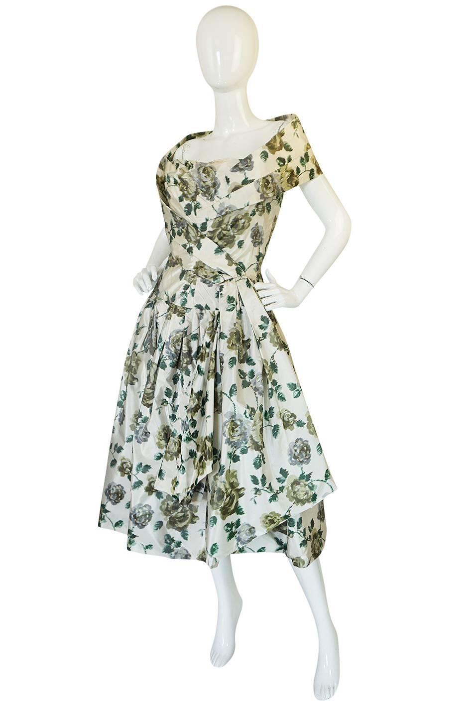 Gray Stunning 1950s Demi-Couture Washed Print Silk Taffeta Dress