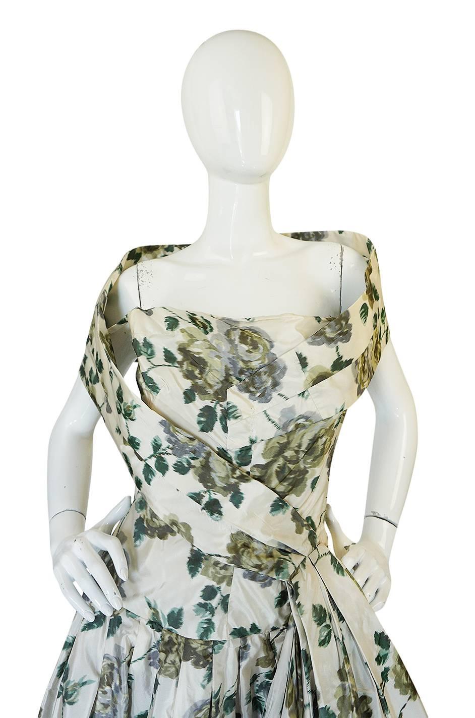 Women's Stunning 1950s Demi-Couture Washed Print Silk Taffeta Dress