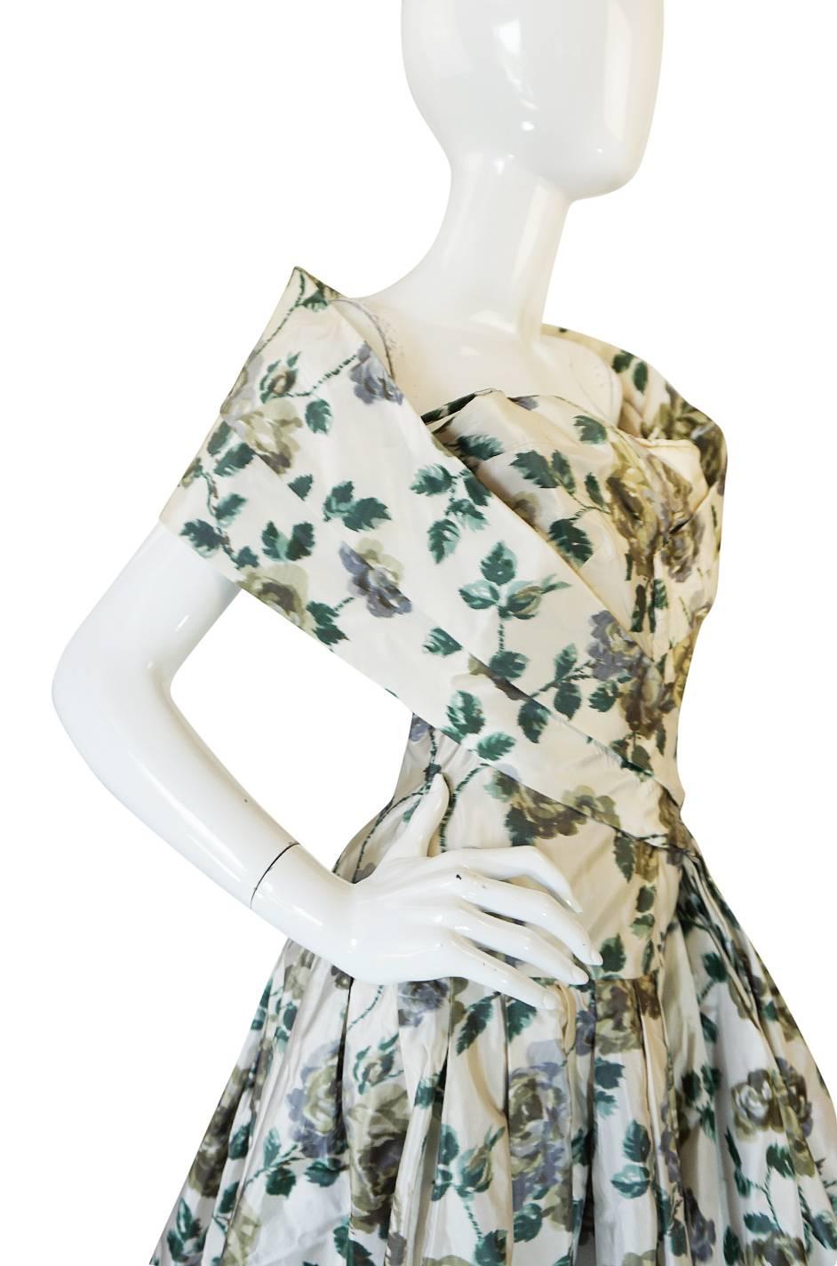 Stunning 1950s Demi-Couture Washed Print Silk Taffeta Dress 1