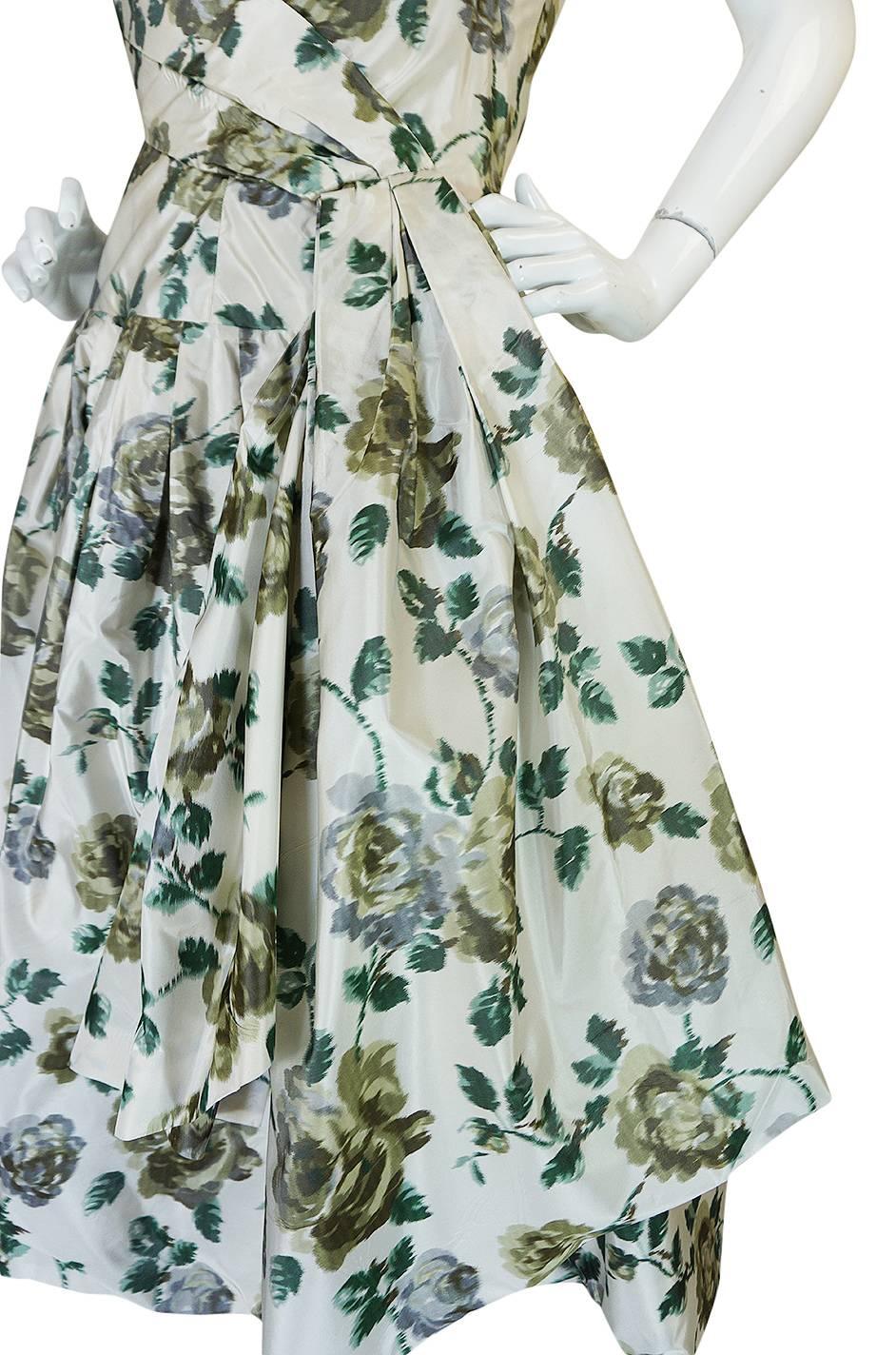 Stunning 1950s Demi-Couture Washed Print Silk Taffeta Dress 3