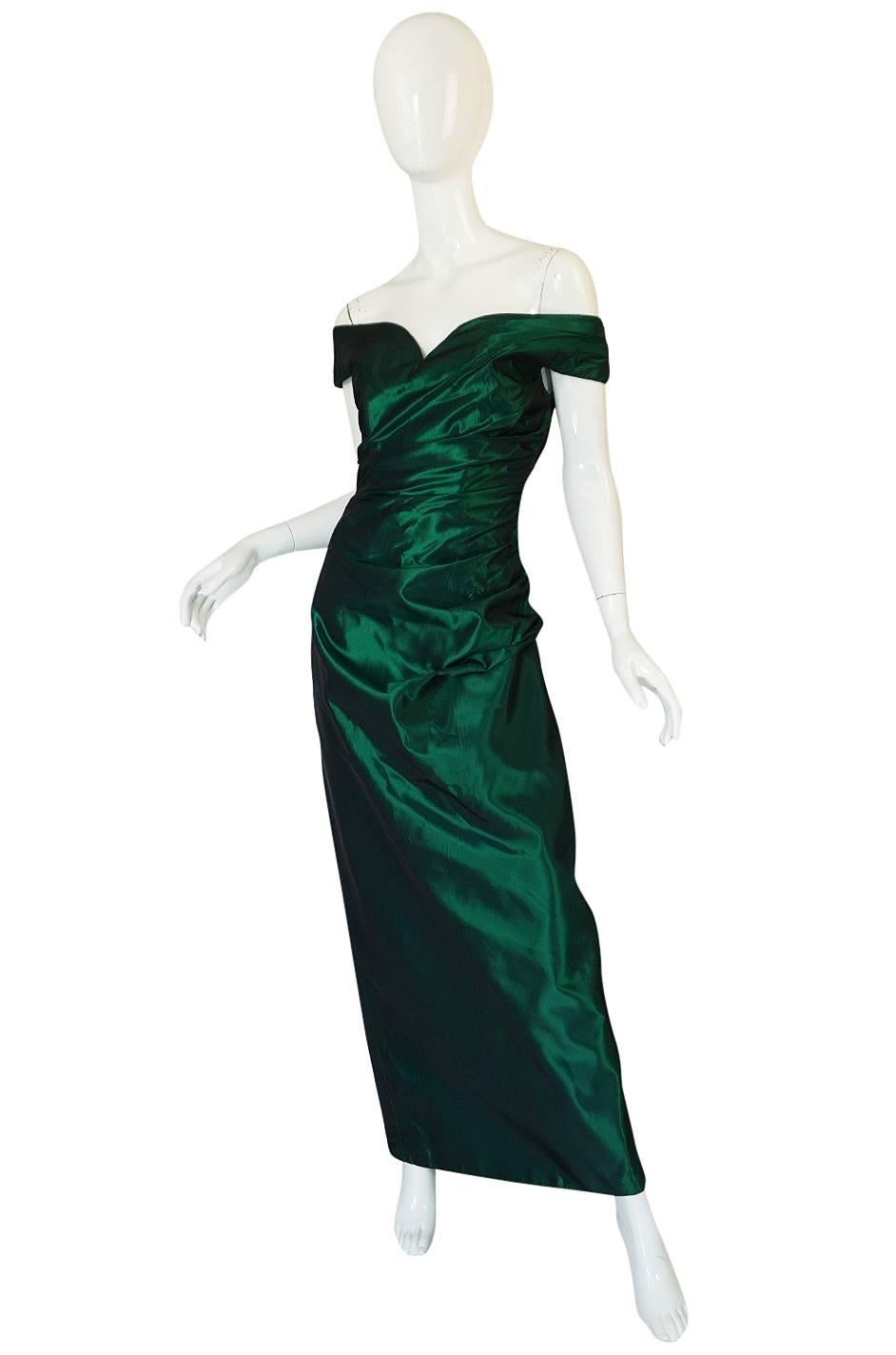 Black 1980s Emerald Silk Taffeta Dior Off Shoulder Dress