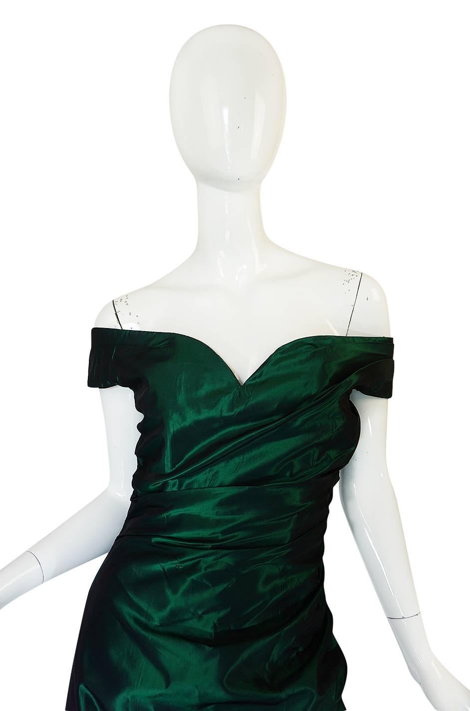 1980s Emerald Silk Taffeta Dior Off Shoulder Dress In Excellent Condition In Rockwood, ON