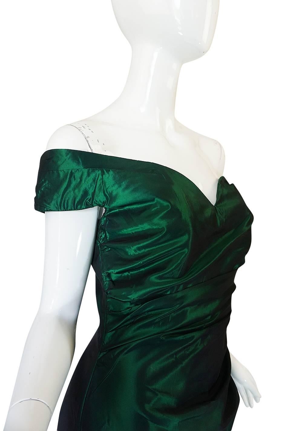 Women's 1980s Emerald Silk Taffeta Dior Off Shoulder Dress