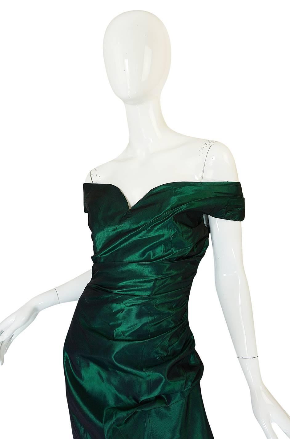 1980s Emerald Silk Taffeta Dior Off Shoulder Dress 2