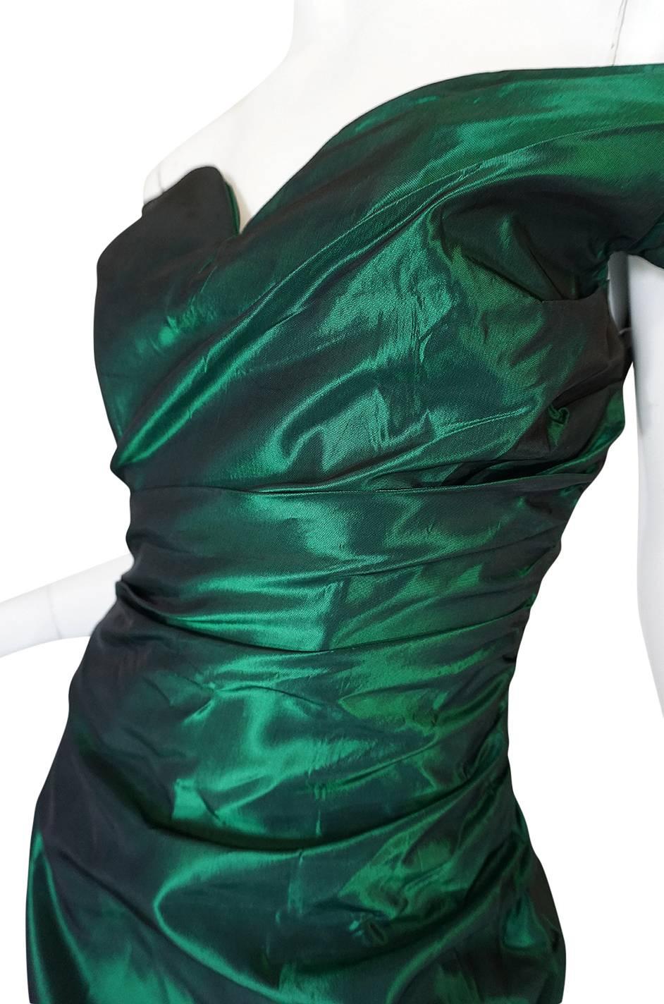 1980s Emerald Silk Taffeta Dior Off Shoulder Dress 1