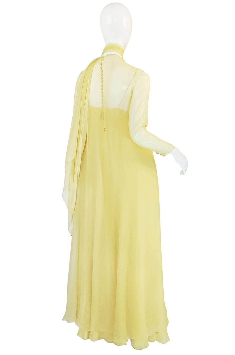 1970s Yellow Silk Chiffon Stavropoulos Caftan Dress In Excellent Condition In Rockwood, ON