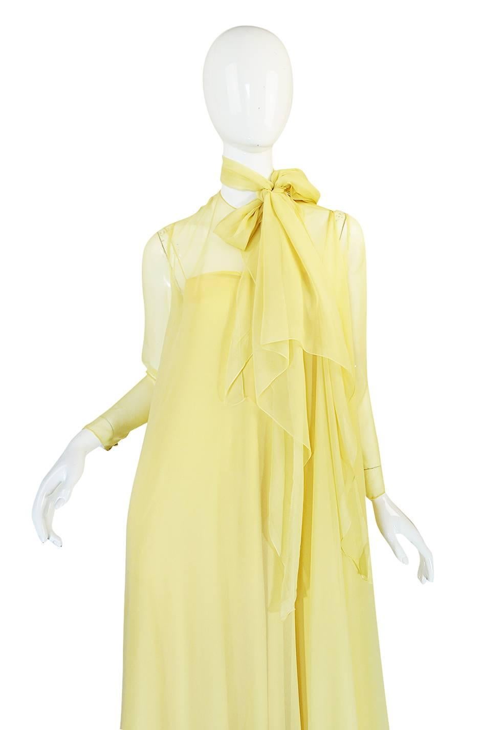Women's 1970s Yellow Silk Chiffon Stavropoulos Caftan Dress