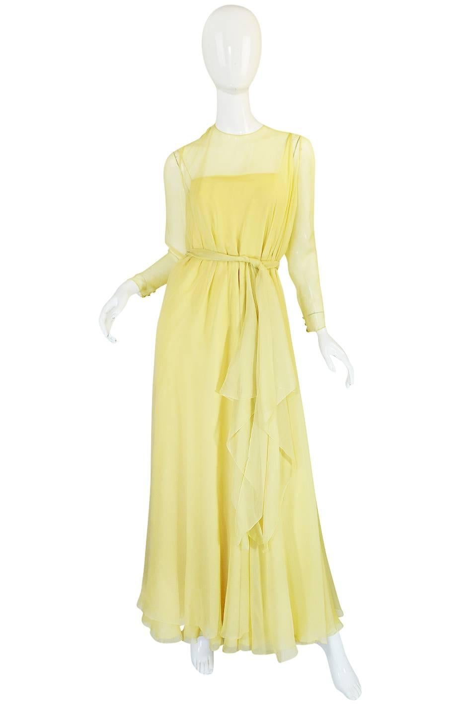 1970s Yellow Silk Chiffon Stavropoulos Caftan Dress 1