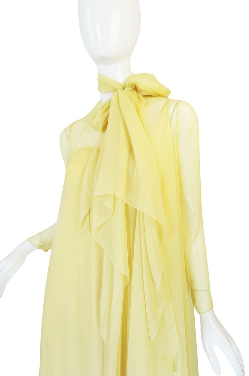 1970s Yellow Silk Chiffon Stavropoulos Caftan Dress 3