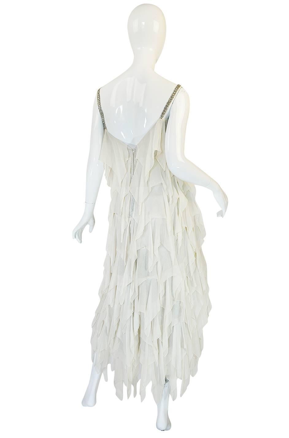 1970s Ivory Silk Chiffon & Silver Stavropoulos Petal Dress In Excellent Condition In Rockwood, ON