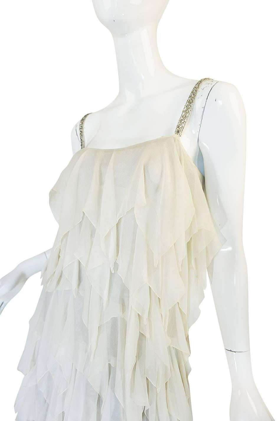 1970s Ivory Silk Chiffon & Silver Stavropoulos Petal Dress 1