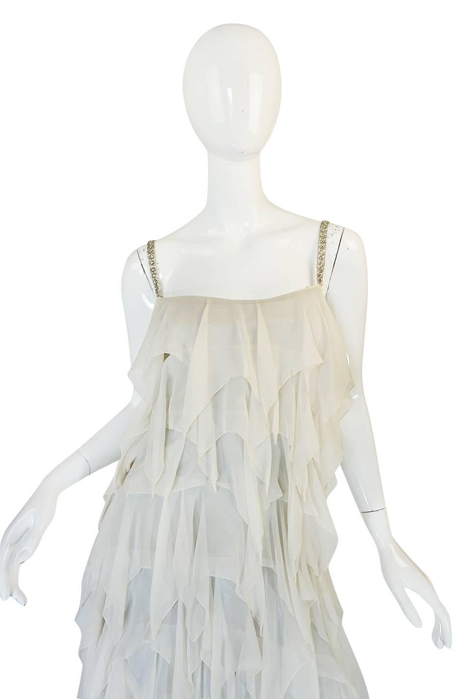 Women's 1970s Ivory Silk Chiffon & Silver Stavropoulos Petal Dress