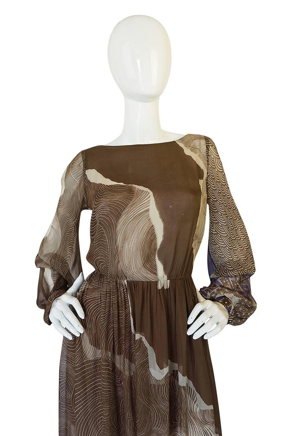 Women's Ethereal 1970s Silk Chiffon Print Hanae Mori Dress