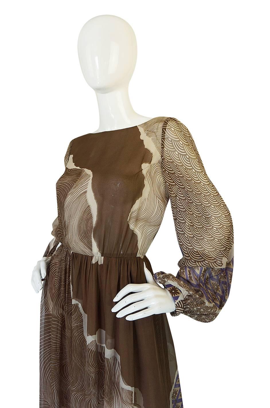 Ethereal 1970s Silk Chiffon Print Hanae Mori Dress 1