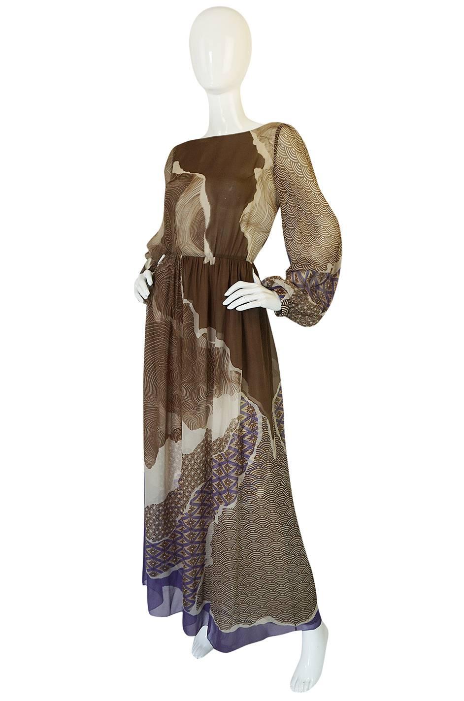 Ethereal 1970s Silk Chiffon Print Hanae Mori Dress In Excellent Condition In Rockwood, ON