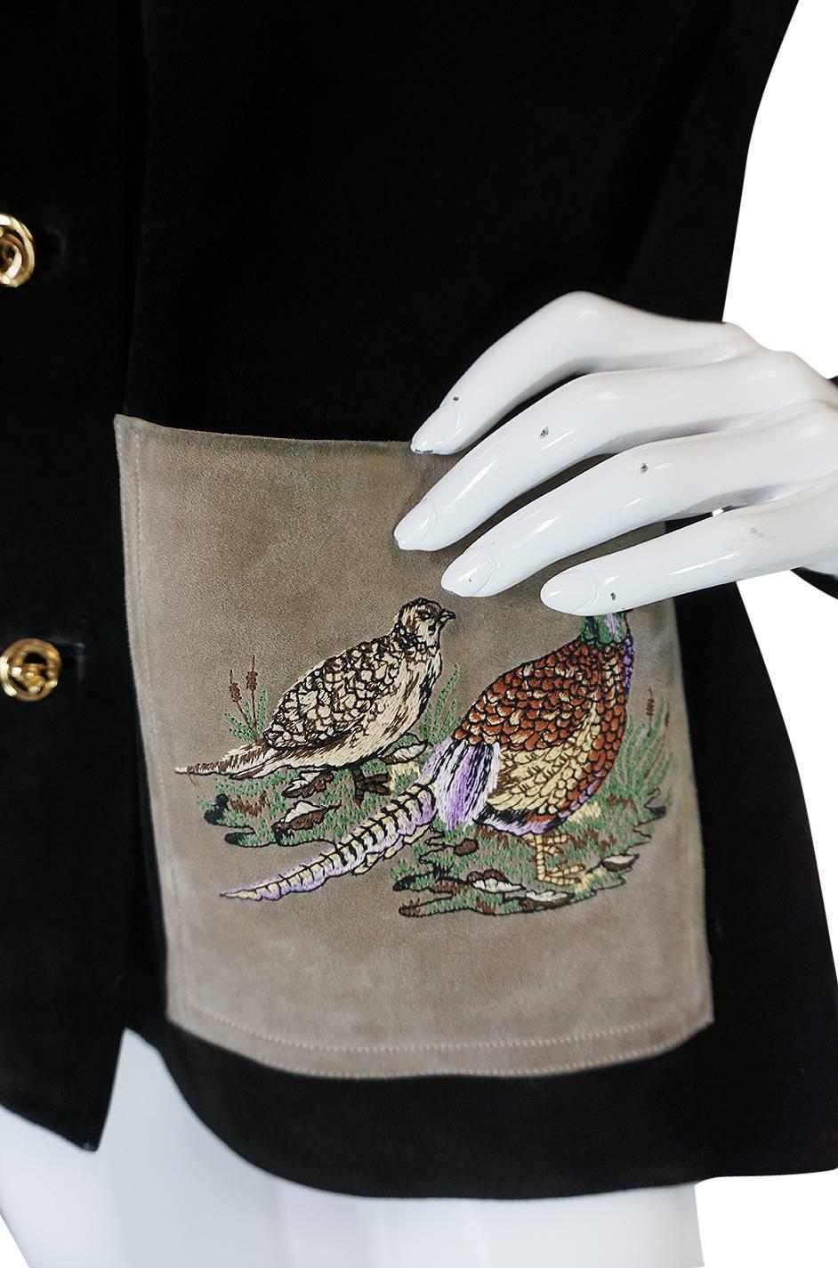 1970s Gucci Suede Jacket With Embroidered Pheasants 1