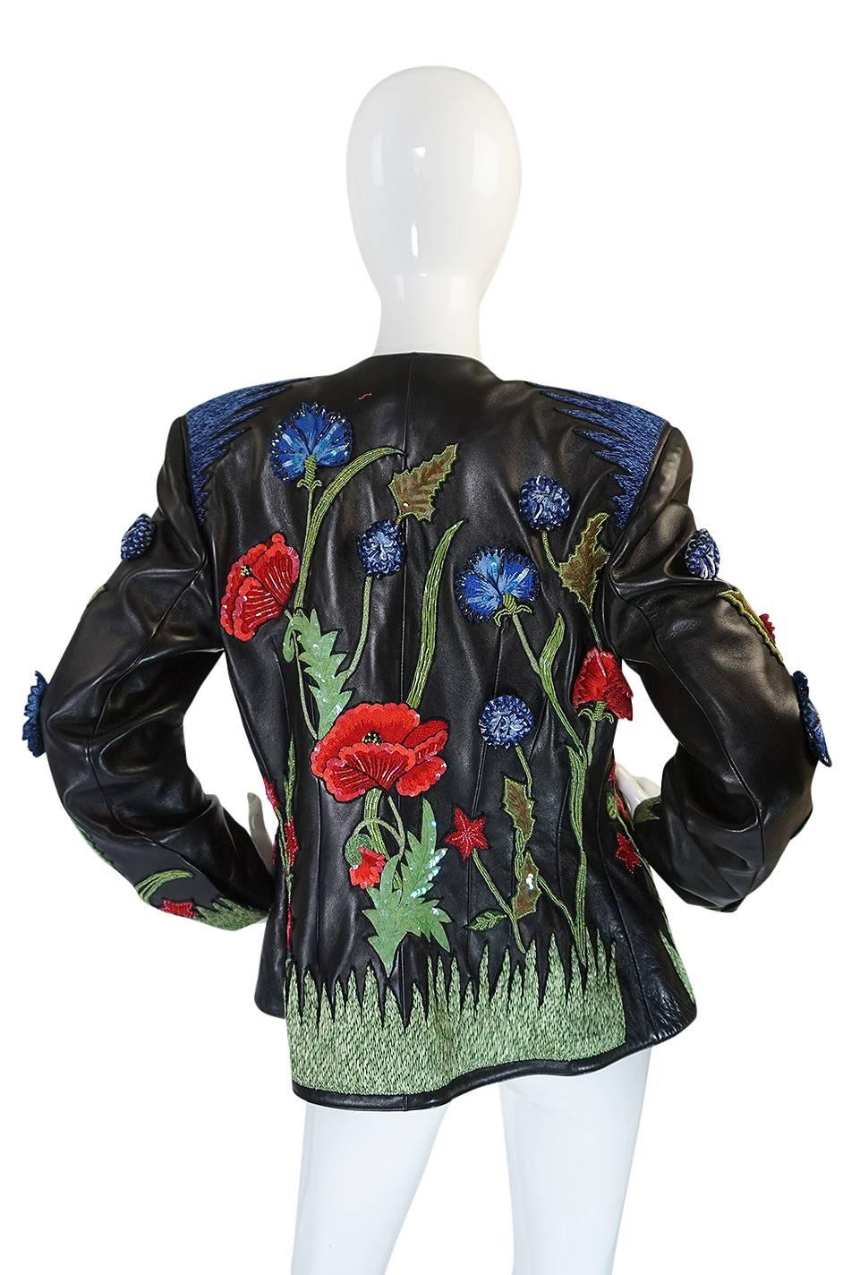 

The embroidery work on this butter soft, black leather jacket is exquisite. The work is all done by Lesage and it is mind boggling in person. I have tried to capture the dimension and 3D aspect of it with my camera but it just does not convey
