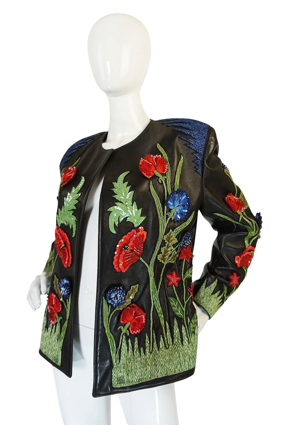 Black 1987 Jean-Claude Jitrois Lesage 3D Floral Leather Jacket