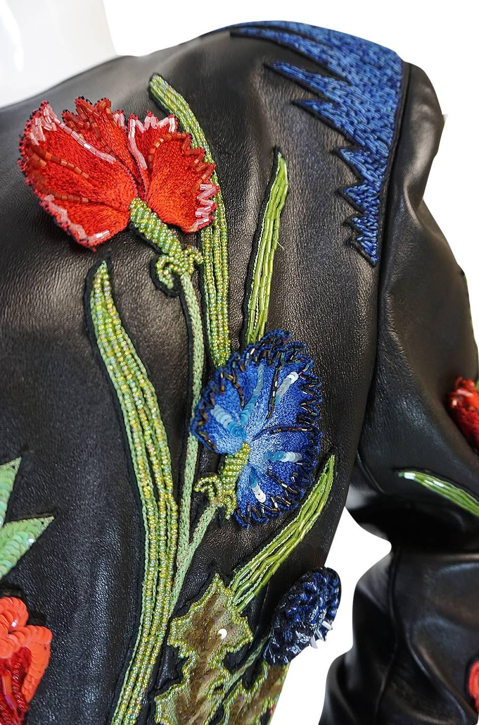 1987 Jean-Claude Jitrois Lesage 3D Floral Leather Jacket In Excellent Condition In Rockwood, ON