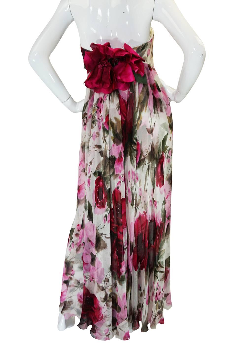 1950s Strapless Floral Silk Chiffon Helena Barbieri Dress In Excellent Condition In Rockwood, ON