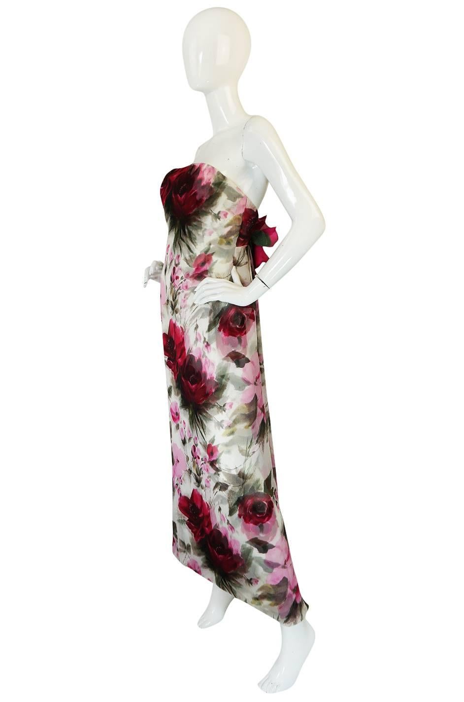 Gray 1950s Strapless Floral Silk Chiffon Helena Barbieri Dress