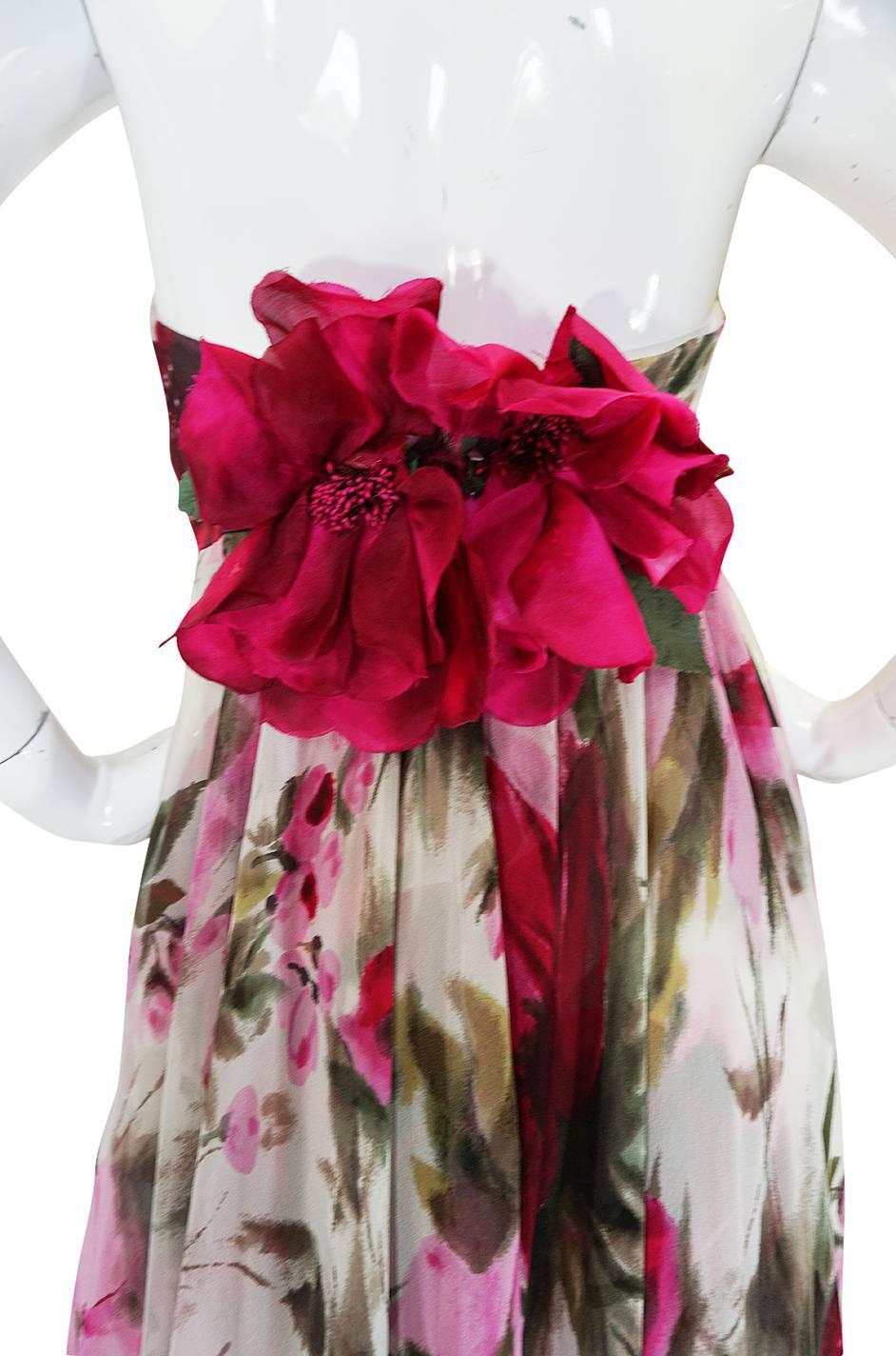 1950s Strapless Floral Silk Chiffon Helena Barbieri Dress 1