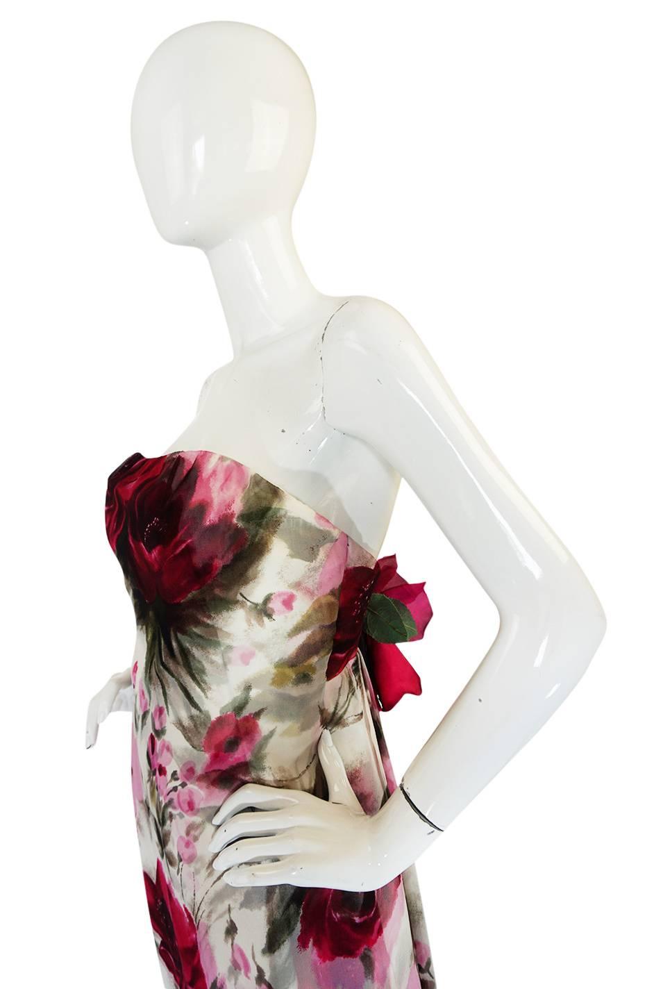 1950s Strapless Floral Silk Chiffon Helena Barbieri Dress 4