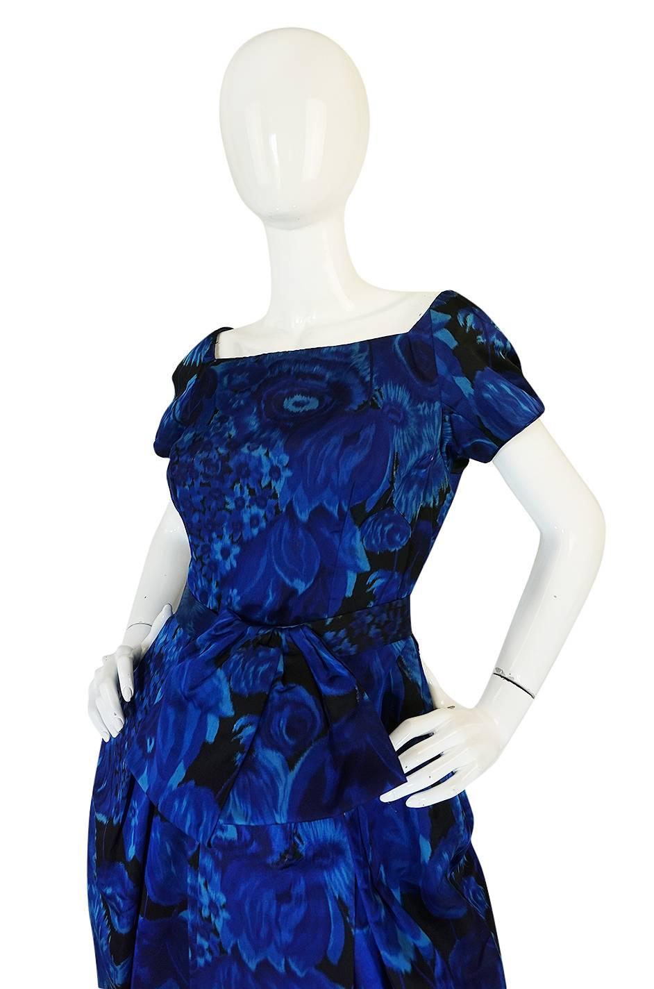 Women's 1950s Deep Blue Floral Demi-Couture Level Silk Dress