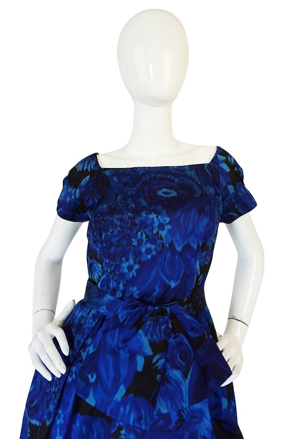 1950s Deep Blue Floral Demi-Couture Level Silk Dress 1