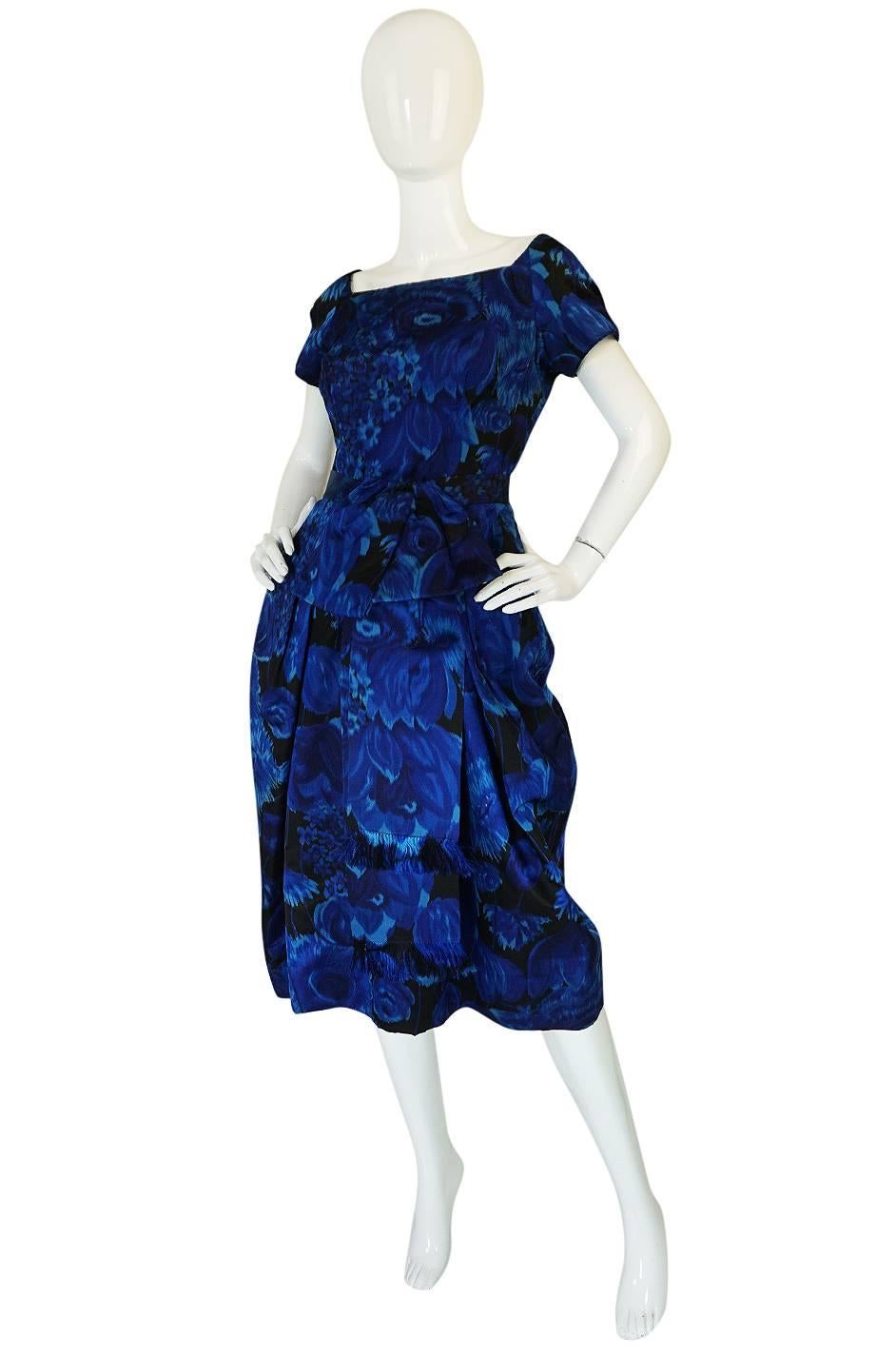 1950s Deep Blue Floral Demi-Couture Level Silk Dress In Excellent Condition In Rockwood, ON
